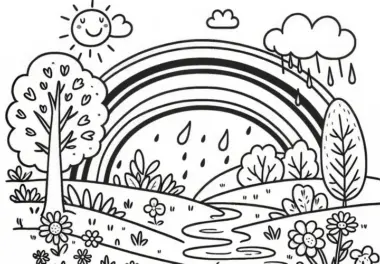 Regenbogen nach Frühlingsregen im März: Gratis Malvorlage