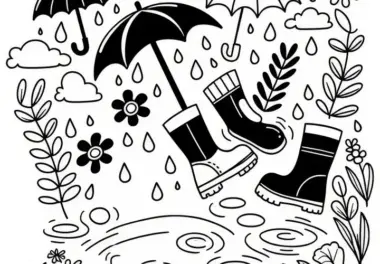 Stiefel, Regenschirme und Pfützen im März: Gratis Ausmalbild