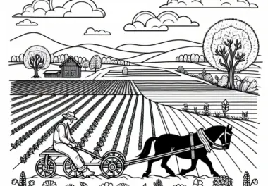 Bauer pflügt Feld als Vorbereitung für Saat im März: Malvorlage gratis