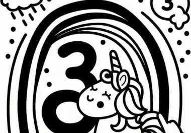 Zahl 3 mit Regenbogen und Einhorn: Ausmalbild zum Herunterladen (Gratis)