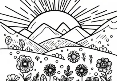 Aufgehende Sonne hinter Berglandschaft: März Ausmalbild (Gratis)