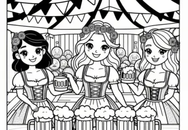 Frauen im Dirndl im Oktoberfestzelt servieren Bier als Malvorlage (Kostenlos)