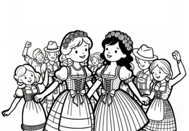 Frauen im Dirndl zum Oktoberfest: Einfaches Ausmalbild (Gratis)