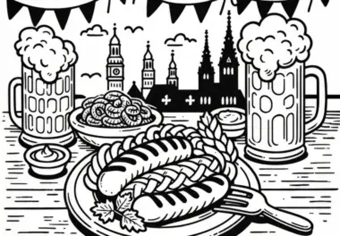 Weißwurst mit Senf auf einem Teller zum Oktoberfest: Kostenloses Ausmalbild