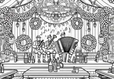 Bierzelt zum Oktoberfest mit Girlanden, Bänken und Musikanten als Malvorlage (Gratis)