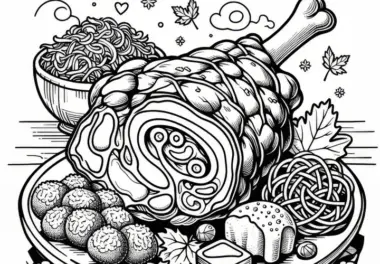 Schweinshaxe mit Sauerkraut und Knödeln: Malvorlage zum Oktoberfest (Gratis)