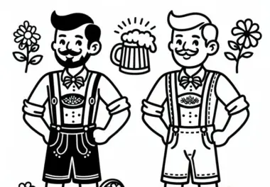 Männer in Lederhose zum Oktoberfest: Einfaches Ausmalbild (Gratis)