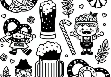 Motive zum Oktoberfest mit Bier und Brezel: Einfaches Ausmalbild zum Herunterladen (Gratis)