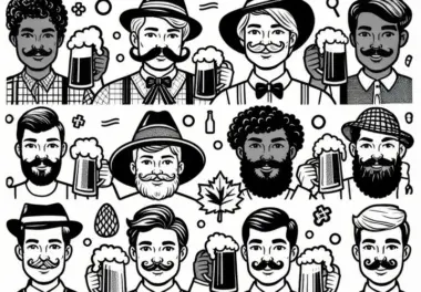 Männer mit Bierkrug und Schnurrbart beim Oktoberfest: Ausmalbild zum Download (Gratis)