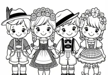Kinder in Oktoberfest-Tracht als Ausmalbild (Kostenlos)
