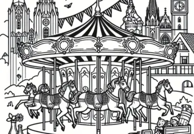 Karussell auf dem Oktoberfest: Ausmalbild zum Herunterladen (Gratis)