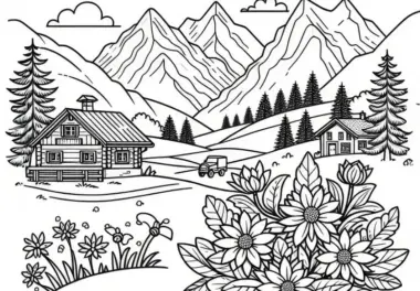Alpenlandschaft mit Bergen, Hütten und Edelweißblumen: Malvorlage zum Oktoberfest (Kostenlos)