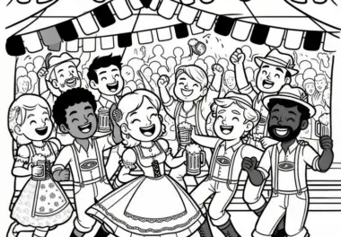 Tanzende Menschen im Bierzelt auf dem Oktoberfest als Ausmalbild (Gratis)