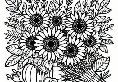 Viele Sonnenblumen zum Erntedankfest: Einfaches Ausmalbild (Kostenlos)