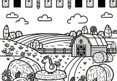 Erntefeld mit Bauernhof, Heuballen und Feldern im Hintergrund: Gratis Malvorlage
