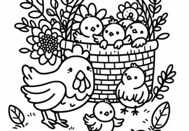 Huhn, Küken und Korb zum Erntedankfest: Einfache Malvorlage (Gratis)