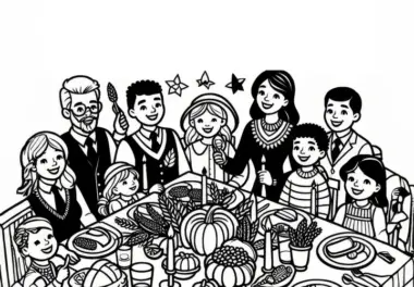 Familie beim Festessen mit Erntegaben zum Erntedankfest als Malvorlage (Kostenlos)