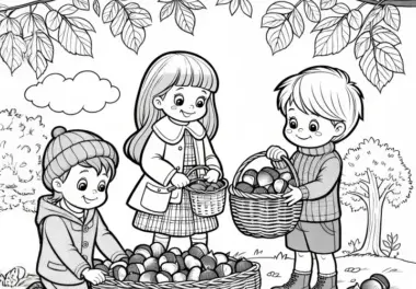 Kinder beim Sammeln von Kastanien zum Erntedankfest: Einfache Malvorlage zum Download (Kostenlos)