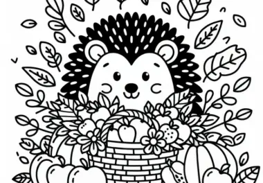Igel mit gesammelten Früchten und Blättern zum Erntedankfest: Malvorlage zum Download (Kostenlos)