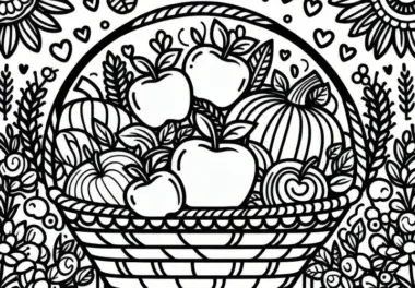 Äpfel und Kürbisse im Korb: Einfaches Ausmalbild zum Erntedankfest (Kostenlos)