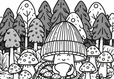 Pilze im Wald zum Erntedankfest: Ausmalbild zum Download (Gratis)