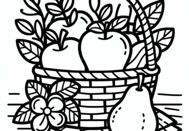Apfel und Birnen im Korb zum Erntedankfest: Malvorlage zum Download (Kostenlos)