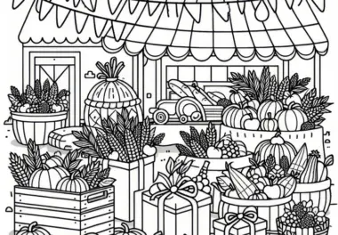 Markt und Erntegaben zum Erntedankfest: Einfache Malvorlage zum Herunterladen (Gratis)