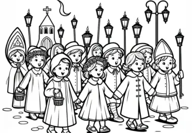 Kinder beim Laternenumzug zum Martinsfest: Malvorlage zum Herunterladen (Gratis)