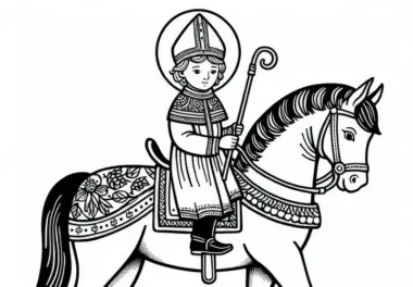 Pferd mit Sankt Martin und detailreichem Sattel als Ausmalbild (Gratis)