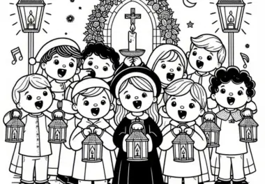 Kinder beim Singen mit Laternen am Martinsfest: Einfach Ausmalbild (Gratis)