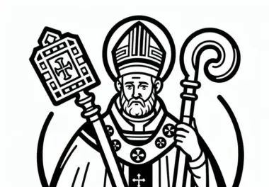 Heiliger Martin als Bischof mit Mitra und Stab: Einfaches Ausmalbild zum Martinsfest (Gratis)