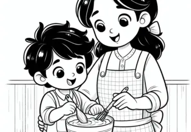 Mutter und Kind backen Kuchen: Ausmalbild zum Muttertag (Gratis)