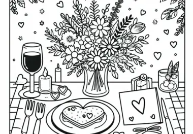 Festlich gedeckter Tisch mit Herzkarte zum Muttertag: Gratis Malvorlage