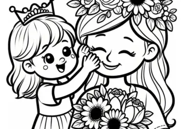 Kind legt Mutter Krone aus Blumen auf Kopf zum Muttertag: Gratis Ausmalbild