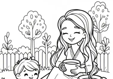 Mutter genießt Tasse Kaffee während ihr Kind spielt: Ausmalbild zum Download (Gratis)