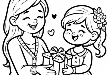 Kind schenkt Mutter ein Geschenk: Ausmalbild zum Muttertag (Gratis)