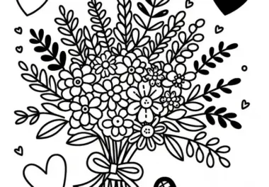 Blumenstrauß mit Herz: Ausmalbild zum Muttertag (Kostenlos)