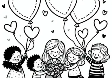 Mutter bekommt von Kindern viele Luftballons in Herzform: Gratis Malvorlage