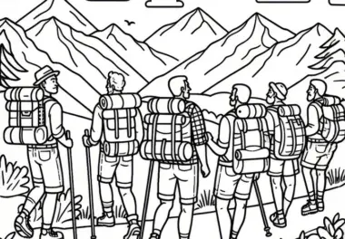 Gruppe Männer mit Rucksäcken und Wanderstöcken auf dem Bergweg am Männertag (Kostenlos)