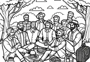 Männer sitzen auf Decke bei einer Brotzeit am Männertag: Malvorlage zum Download (Gratis)