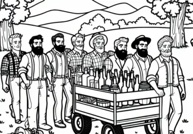 Männer ziehen am Männertag Bollerwagen mit Getränken durch die Natur: Gratis Ausmalbild