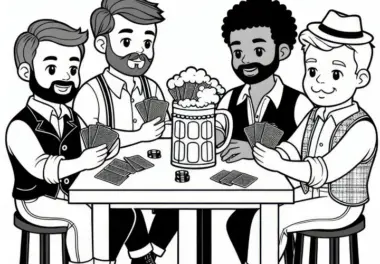 Männer spielen Karten am Männertag: Spannendes Ausmalbild zum Download (Kostenlos)