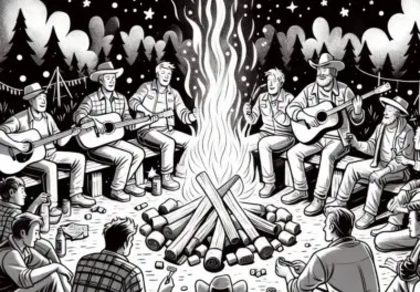 Männer am Lagerfeuer mit Gitarren am Männertag: Ausmalbild zum Herunterladen (Gratis)