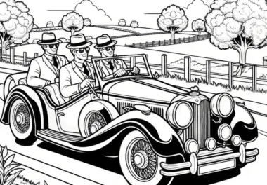 Männer fahren im klassischen Oldtimer über Landstraße am Männertag: Ausmalbild zum Download (Gratis)