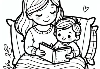 Mutter liest Kind ein Buch vor während sie zusammen kuscheln: Ausmalbild zum Muttertag (Gratis)