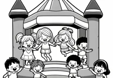 Kinder springen in Hüpfburg: Ausmalbild zum Kindertag (Gratis)