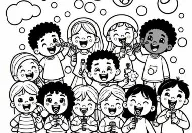 Gruppe von Kindern pustet Seifenblasen in die Luft am Kindertag (Kostenlos)