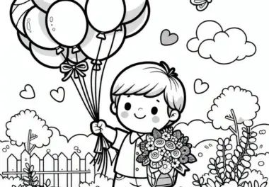 Kind hält stolz Luftballonstrauß in Händen zum Kindertag: Kostenloses Ausmalbild