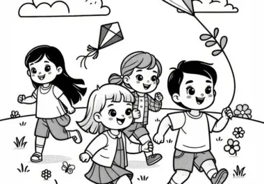 Kinder rennen mit Drachen über Wiese: Einfache Malvorlage zum Kindertag (Kostenlos)