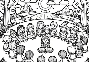 Gruppe Kinder sitzt im Kreis und lauscht einer Märchenerzählung (Kostenlos)
